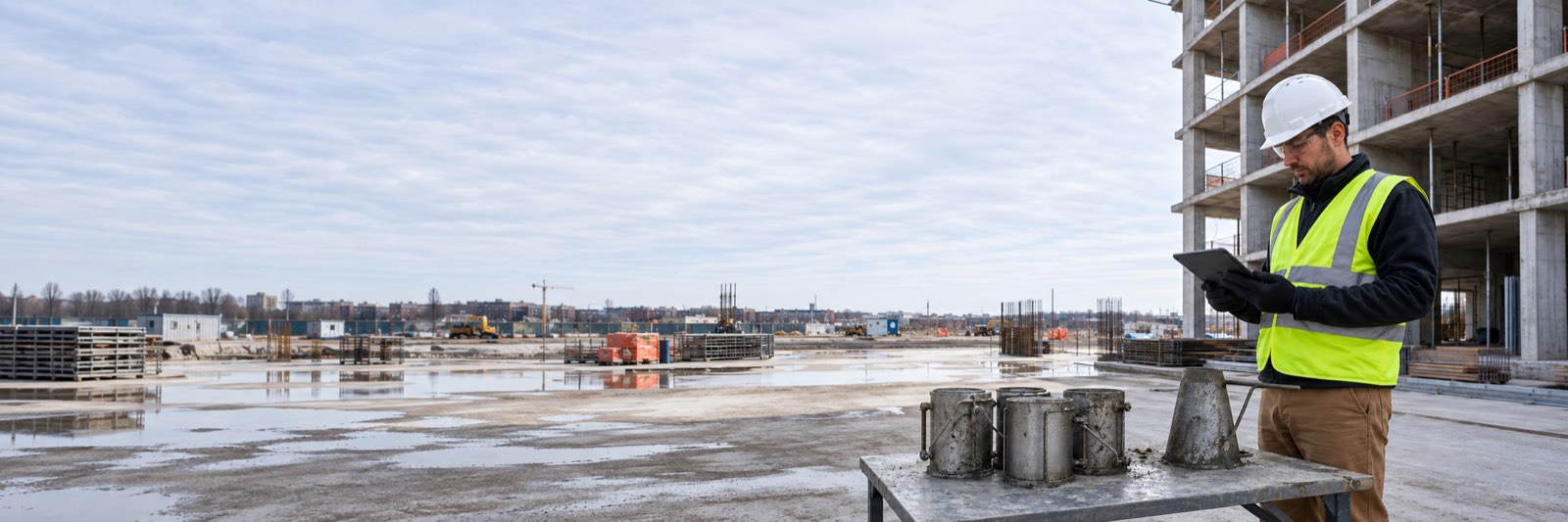 Technician using a tablet beside concrete testing equipment on a construction site.
