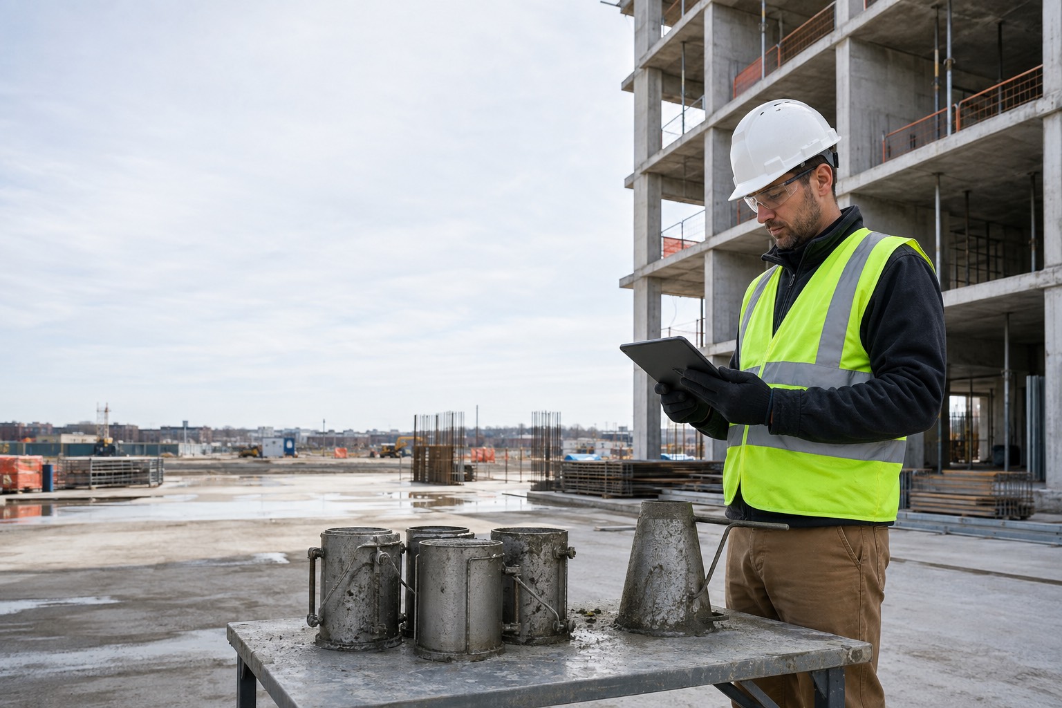 AI-generated illustration of a technician using a tablet beside concrete testing equipment on a construction site.